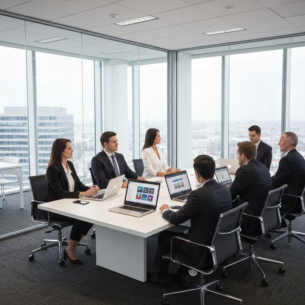 Professional services partners in a modern conference room reviewing strategy
